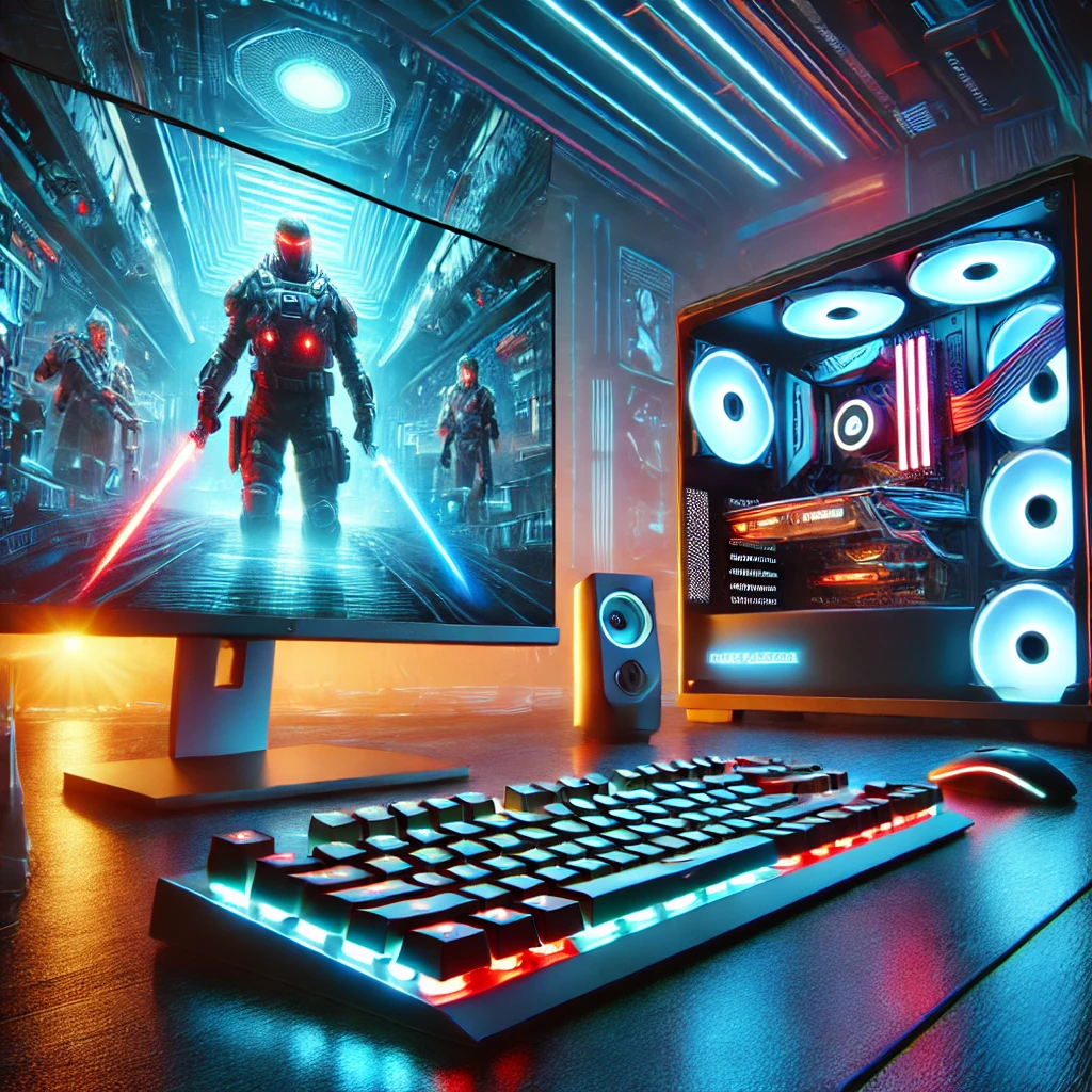 Budget gaming PC setup with RGB lighting and high-performance display.