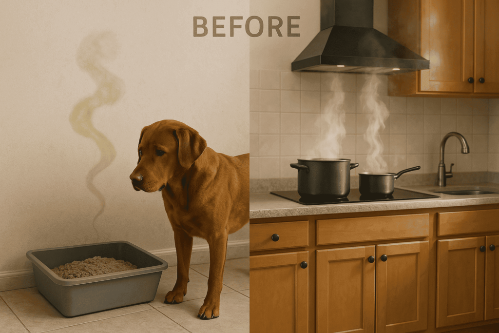 one side showing a dog near a litter box with a faint odor cloud, the other side showing a kitchen with steaming pots. Add a faint “before” label to tie it to odors.
