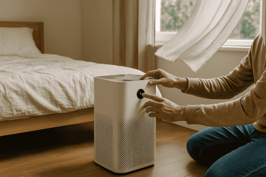  A person adjusting an air purifier in a bedroom, with a window slightly open and a fresh breeze hinted by a fluttering curtain.