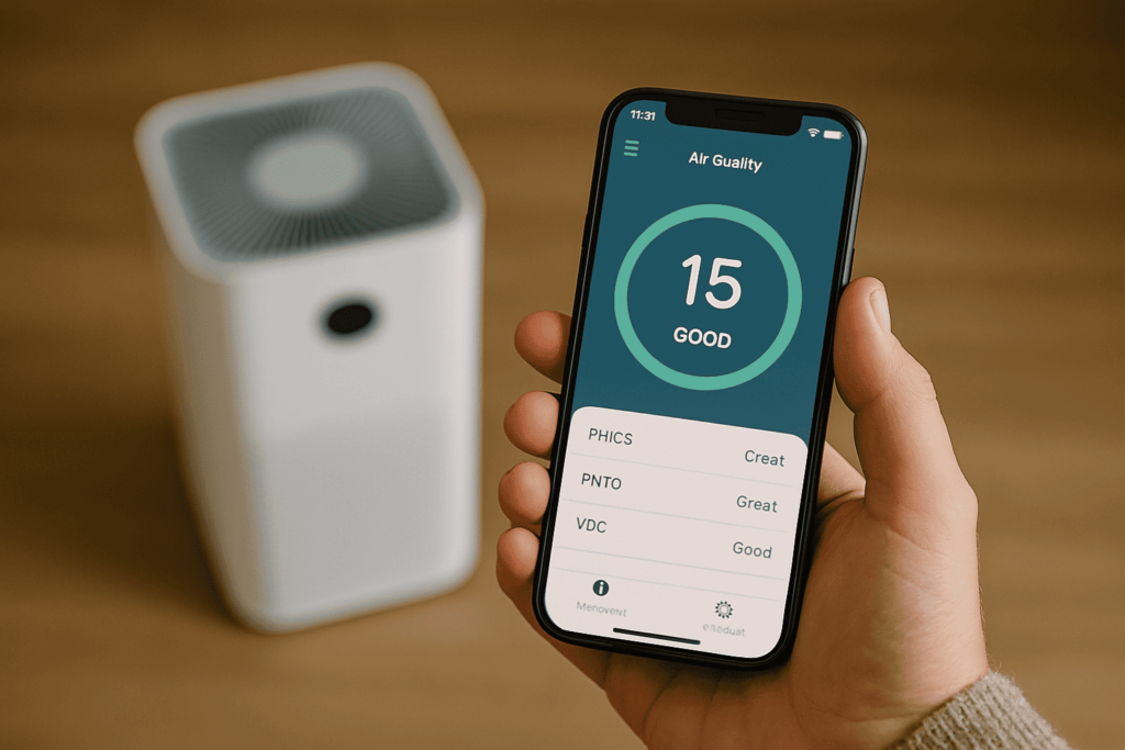 A close-up of a hand holding a phone showing an air quality app, with an air purifier blurred in the background. Suggests expertise and tech-savvy advice.