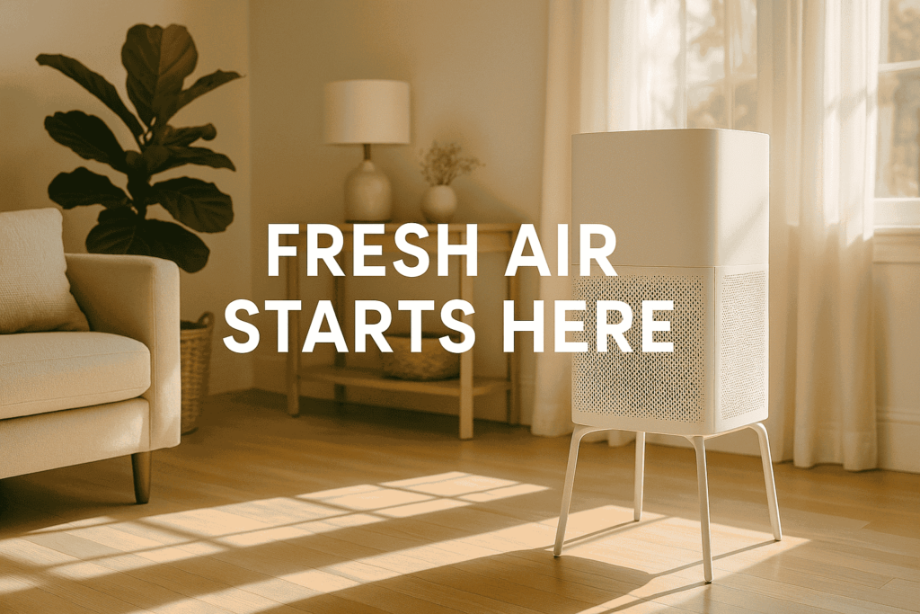 A bright, airy home interior with an air purifier on a sleek stand, sunlight streaming in, and a “Fresh Air Starts Here” text overlay.