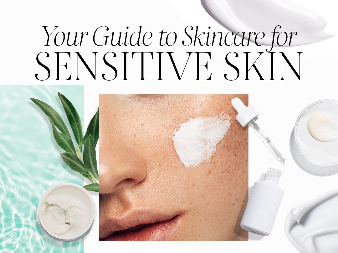 A flat lay of skincare products for sensitive skin, including Vanicream Daily Facial Moisturizer, CeraVe Hydrating Facial Cleanser, EltaMD UV Clear Broad-Spectrum SPF 46, Avene Hydrance Intense Rehydrating Serum, La Roche-Posay Toleriane Hydrating Gentle Cleanser, and First Aid Beauty Ultra Repair Cream. The products are neatly arranged on a light background with soft natural lighting, and the product labels are clearly visible.